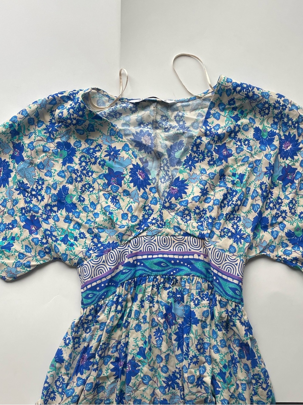Zara Blue Floral Boho Midi Dress Empire Waist Short Sleeve - Picture 5 of 7